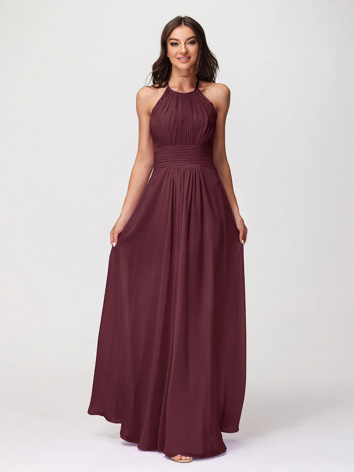 Halter Chiffon Long Gown With Lace Strap Cabernet