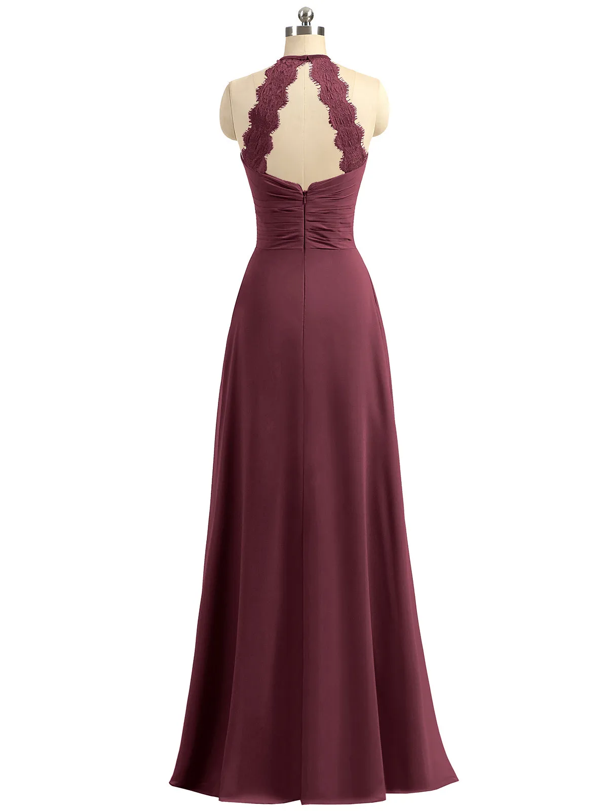 Halter Chiffon Long Gown With Lace Strap Cabernet