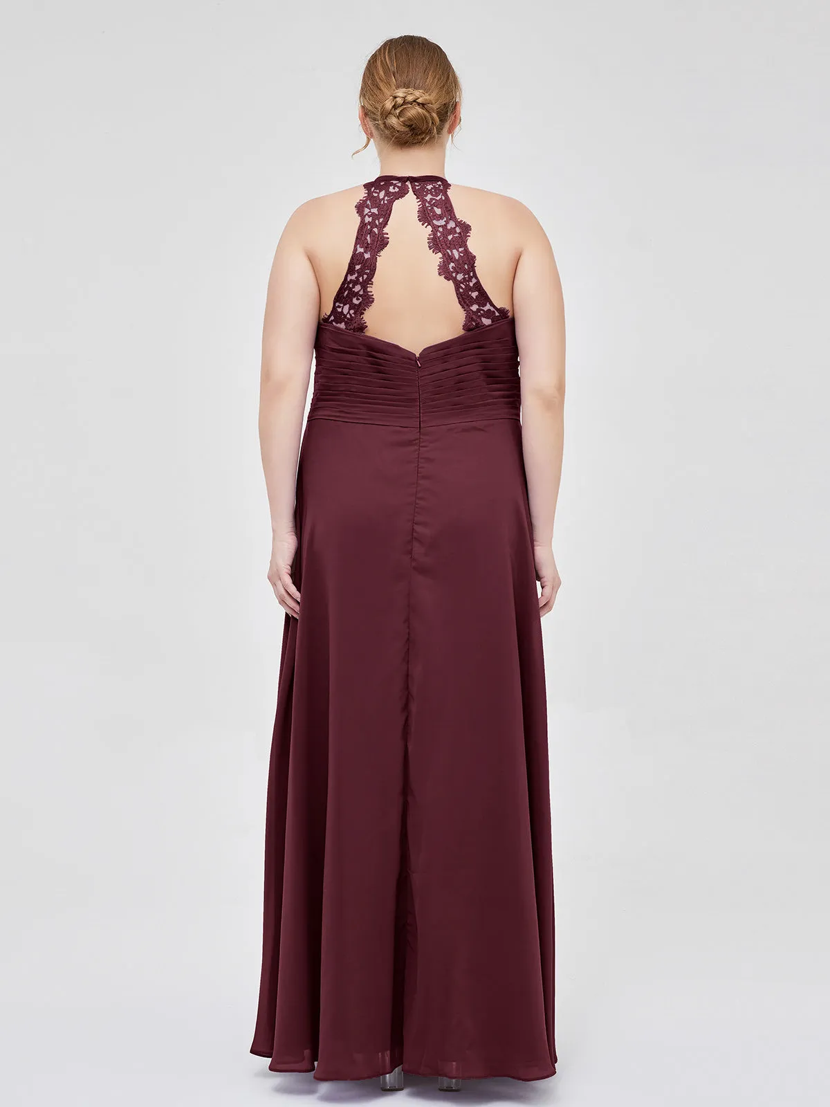 Halter Chiffon Long Gown With Lace Strap Cabernet