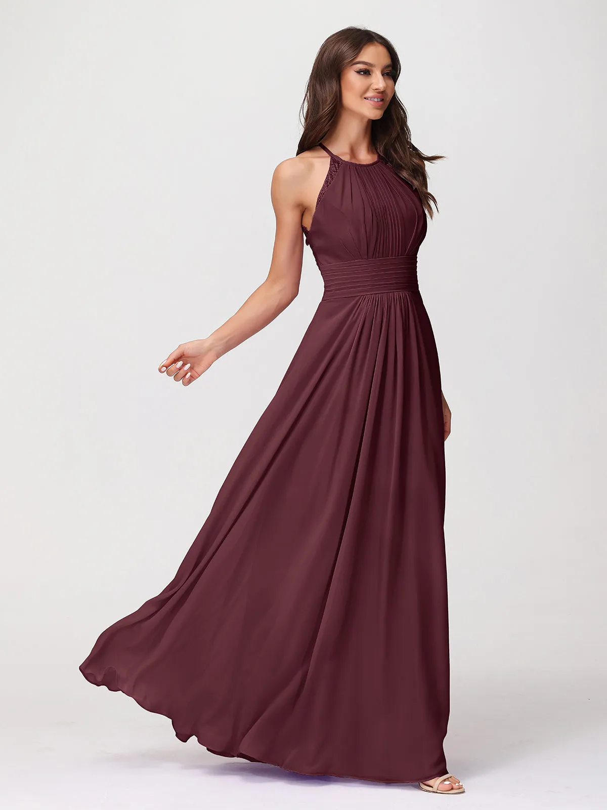 Halter Chiffon Long Gown With Lace Strap Cabernet