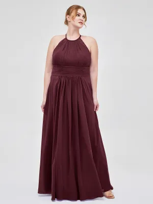 Halter Chiffon Long Gown With Lace Strap Cabernet