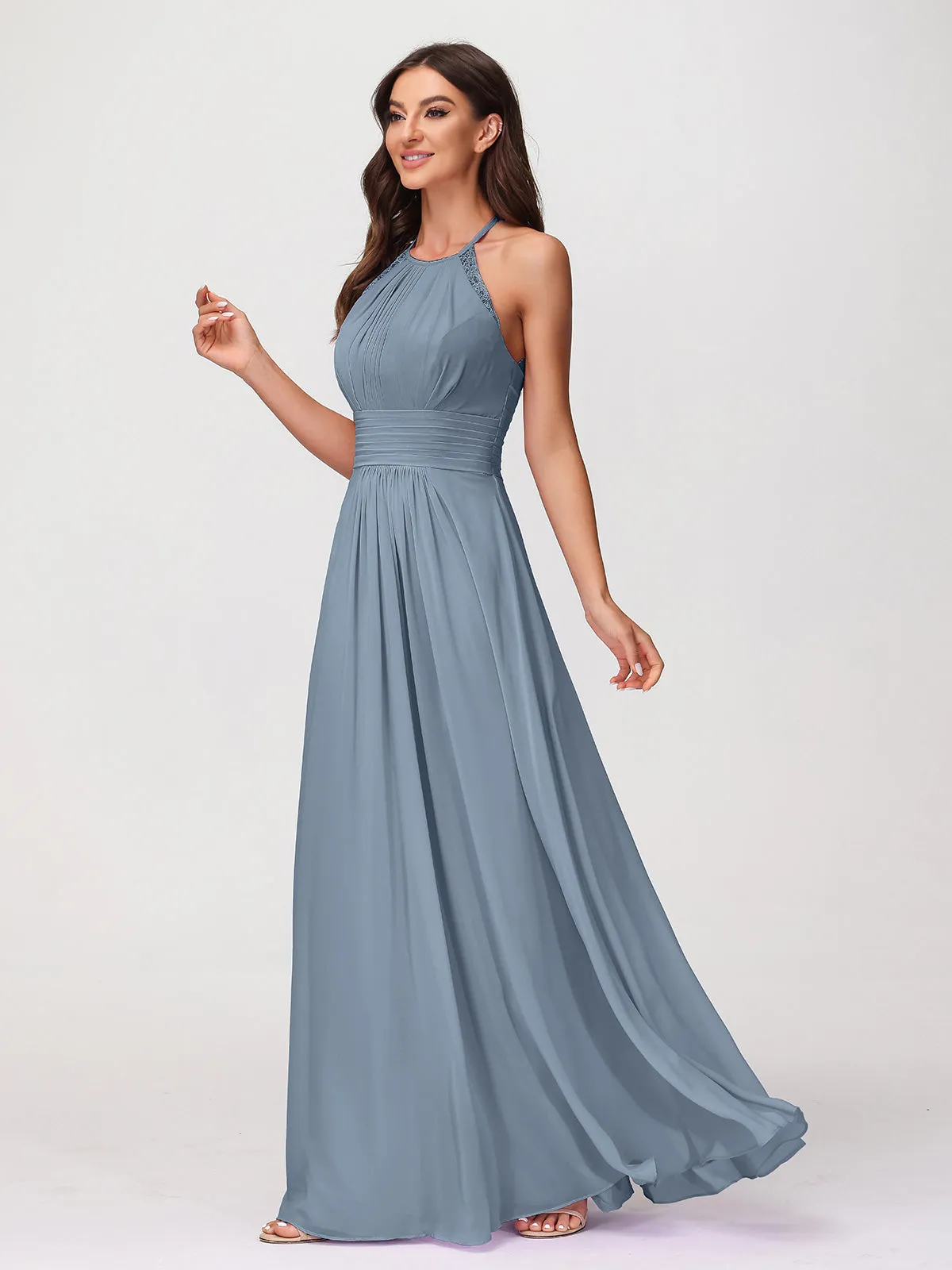 Halter Chiffon Long Gown With Lace Strap Dusty Blue