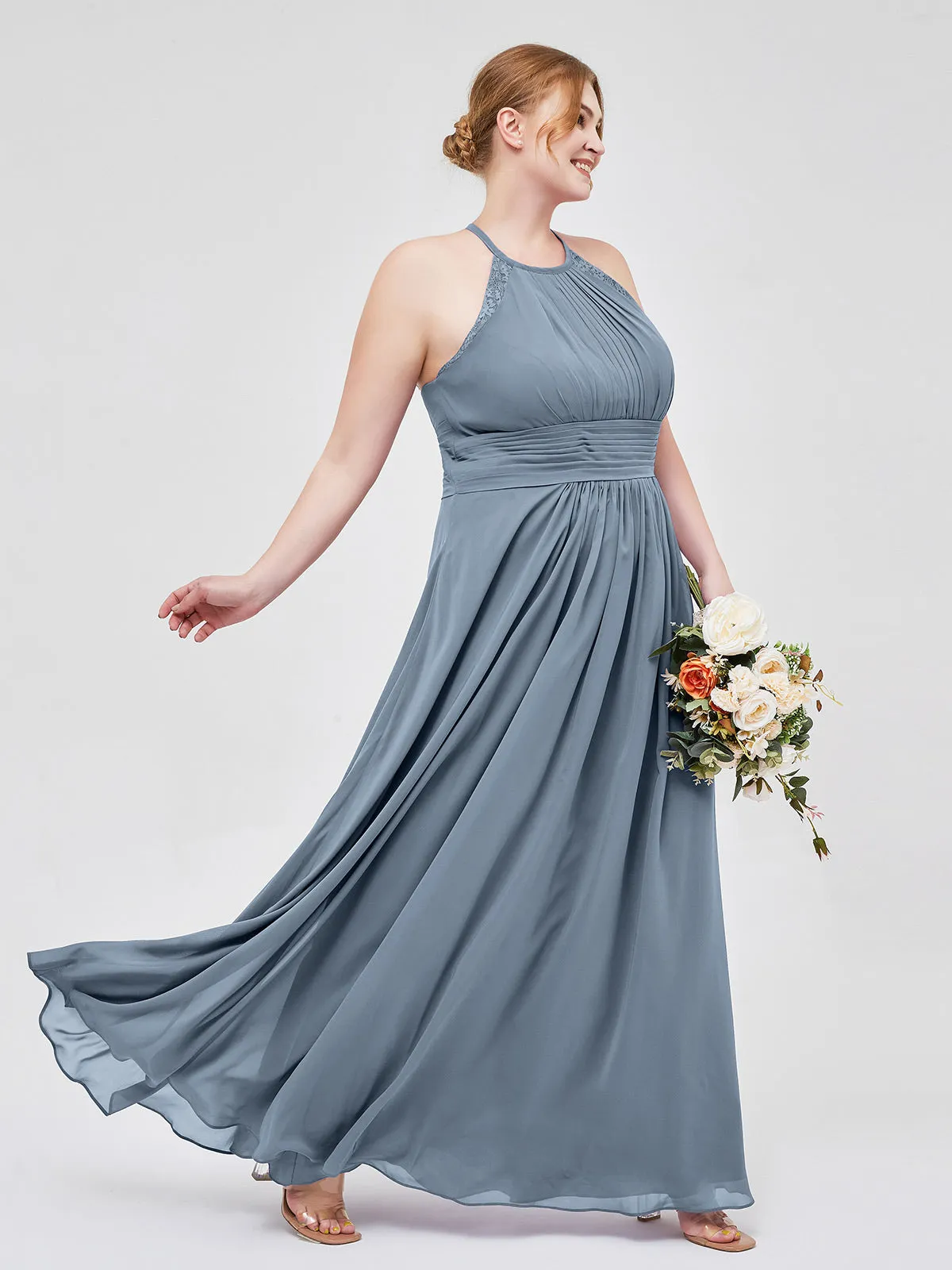 Halter Chiffon Long Gown With Lace Strap Dusty Blue