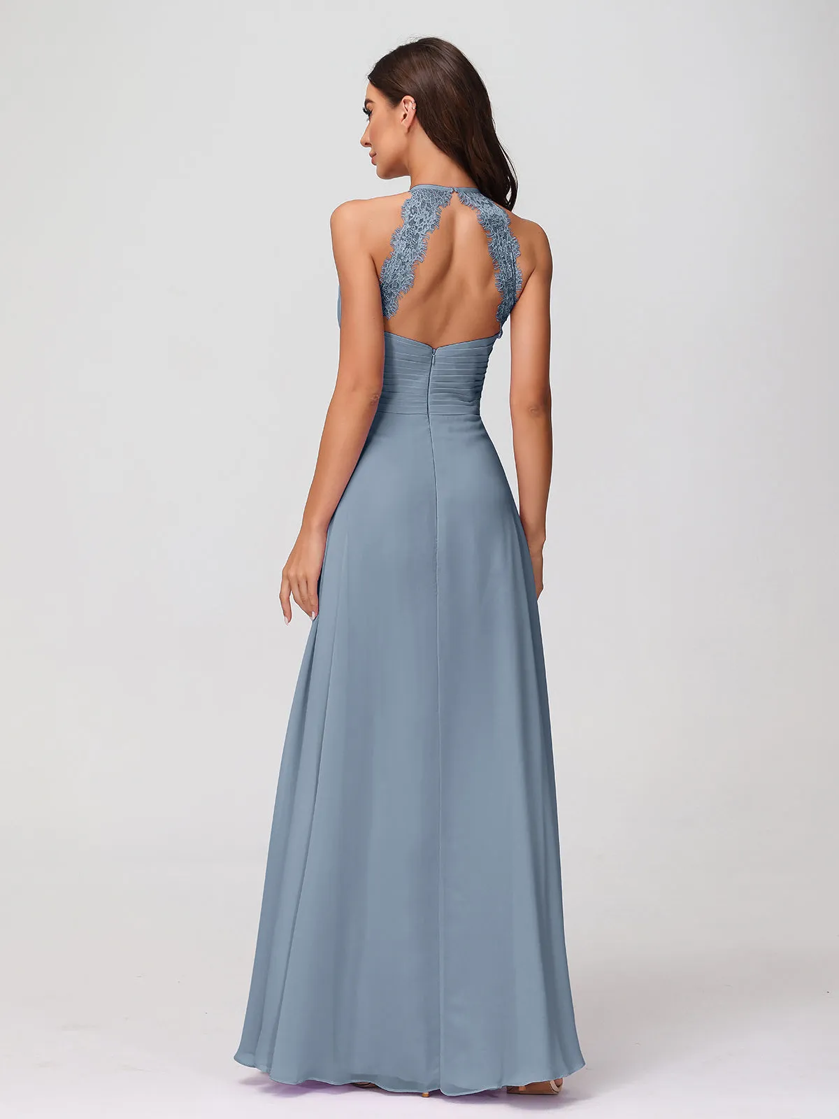 Halter Chiffon Long Gown With Lace Strap Dusty Blue