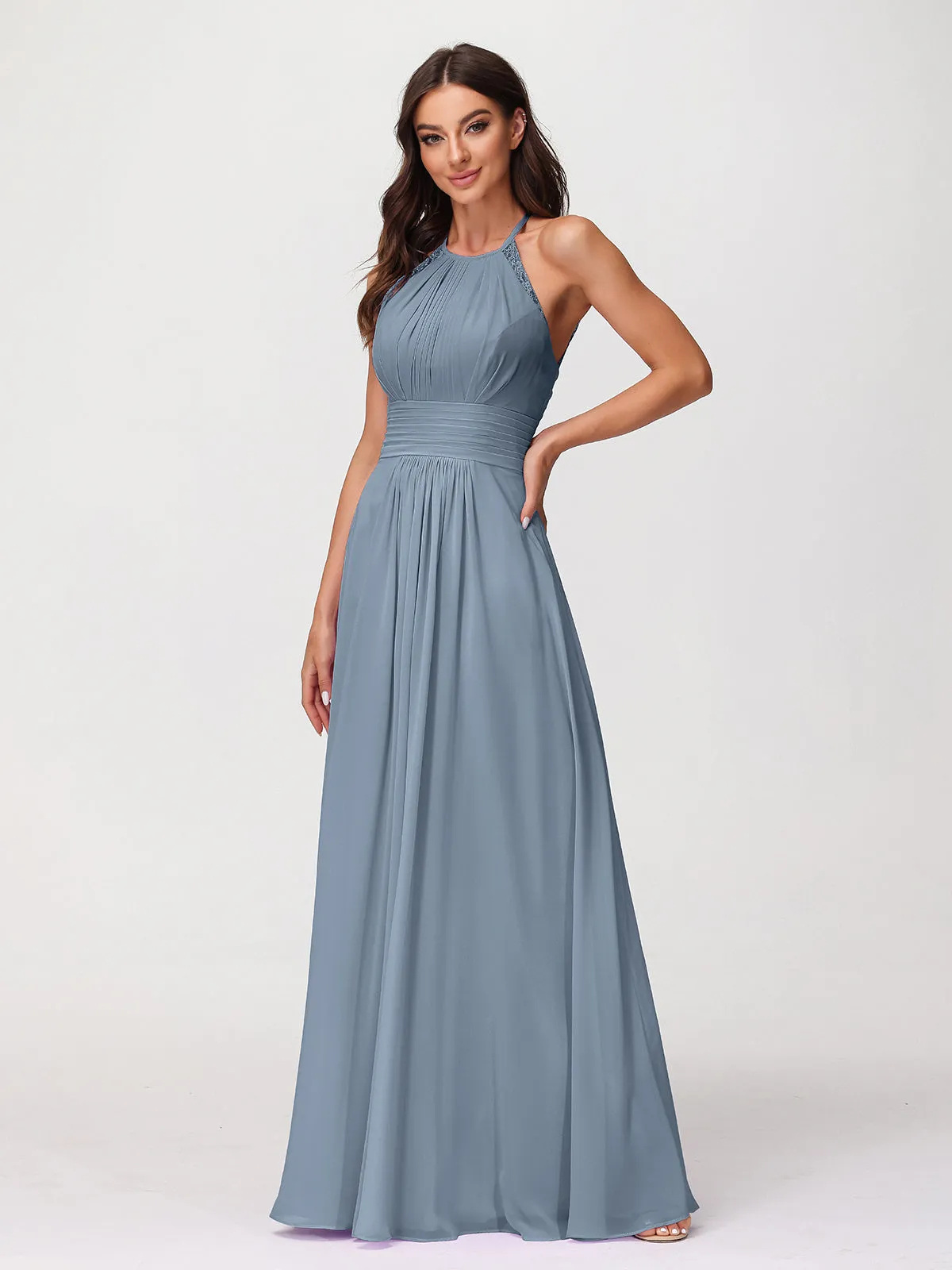 Halter Chiffon Long Gown With Lace Strap Dusty Blue