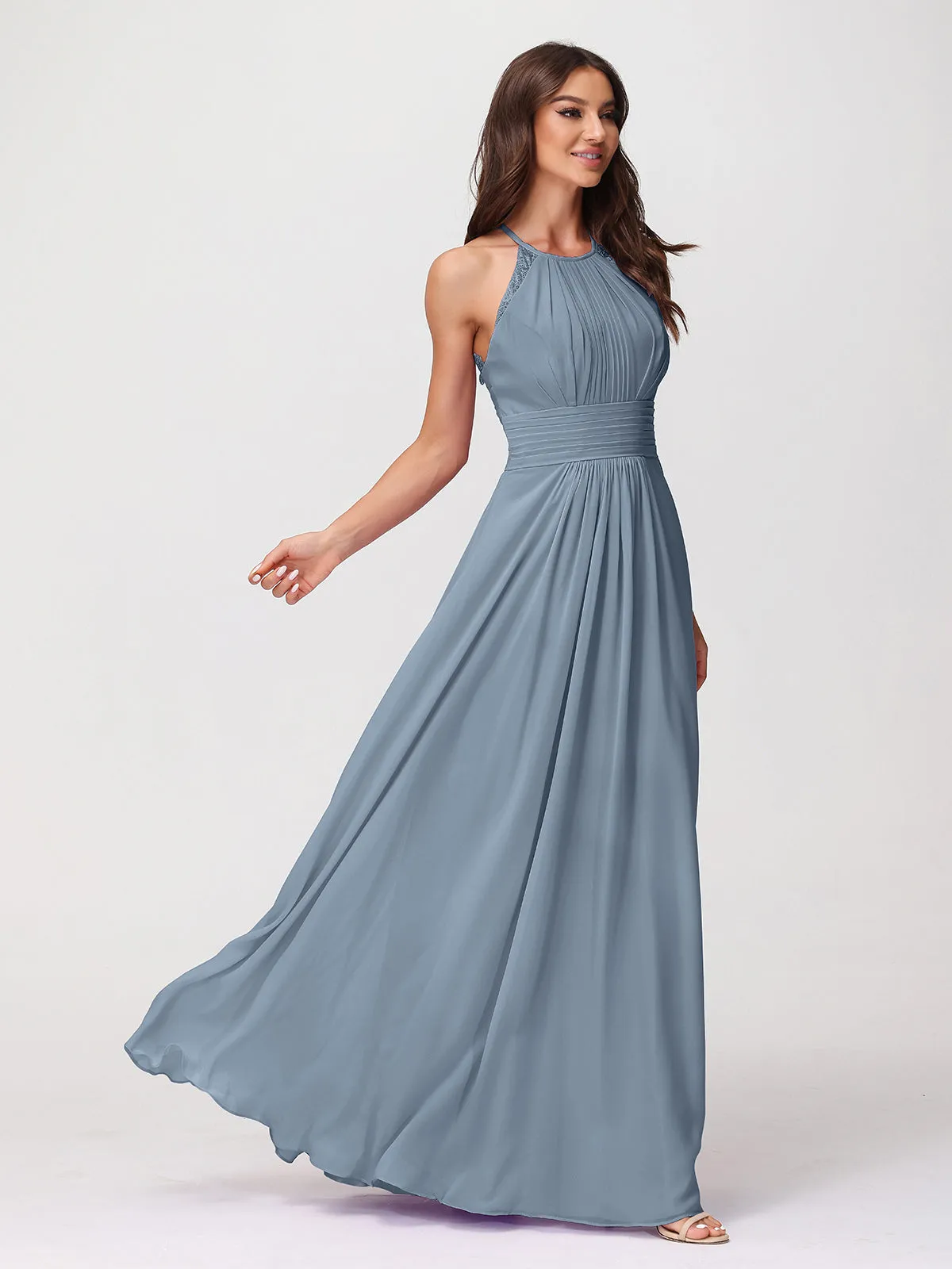 Halter Chiffon Long Gown With Lace Strap Dusty Blue