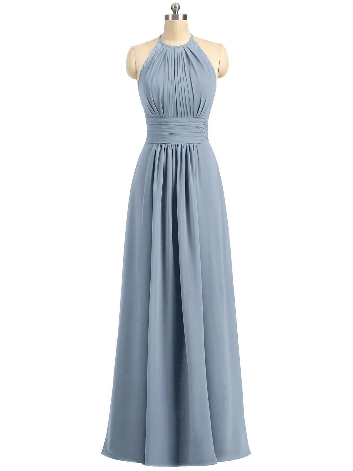 Halter Chiffon Long Gown With Lace Strap Dusty Blue