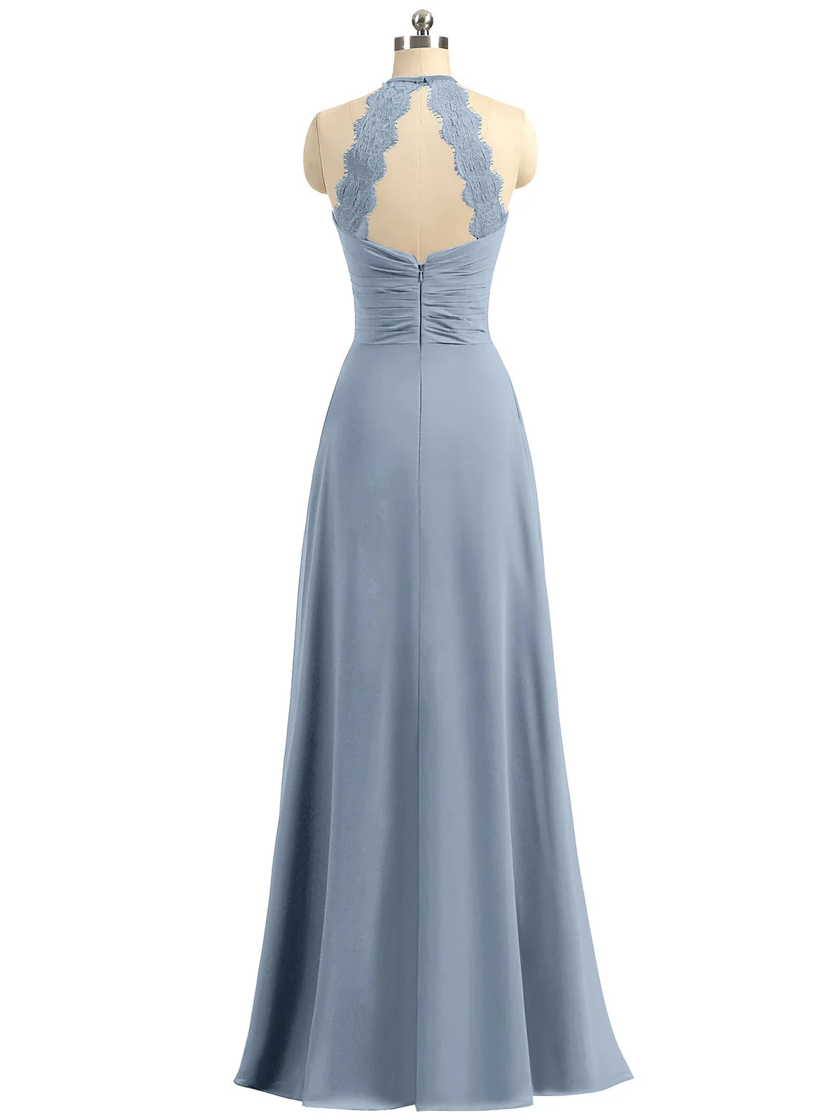 Halter Chiffon Long Gown With Lace Strap Dusty Blue