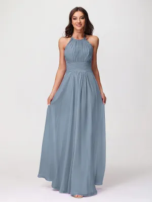 Halter Chiffon Long Gown With Lace Strap Dusty Blue