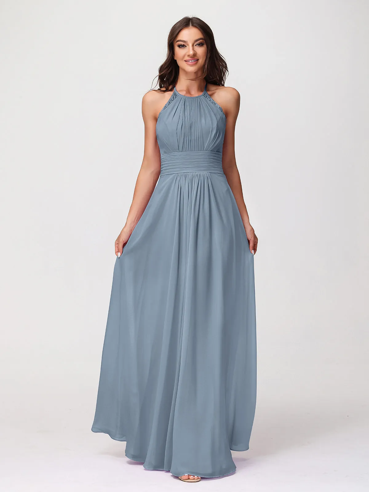 Halter Chiffon Long Gown With Lace Strap Dusty Blue