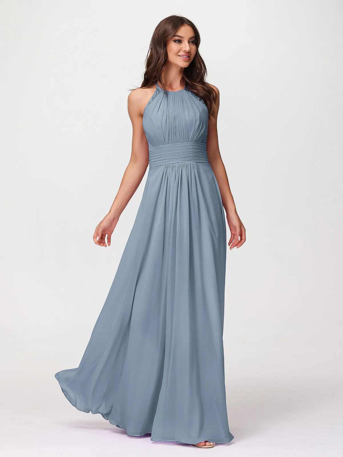 Halter Chiffon Long Gown With Lace Strap Dusty Blue