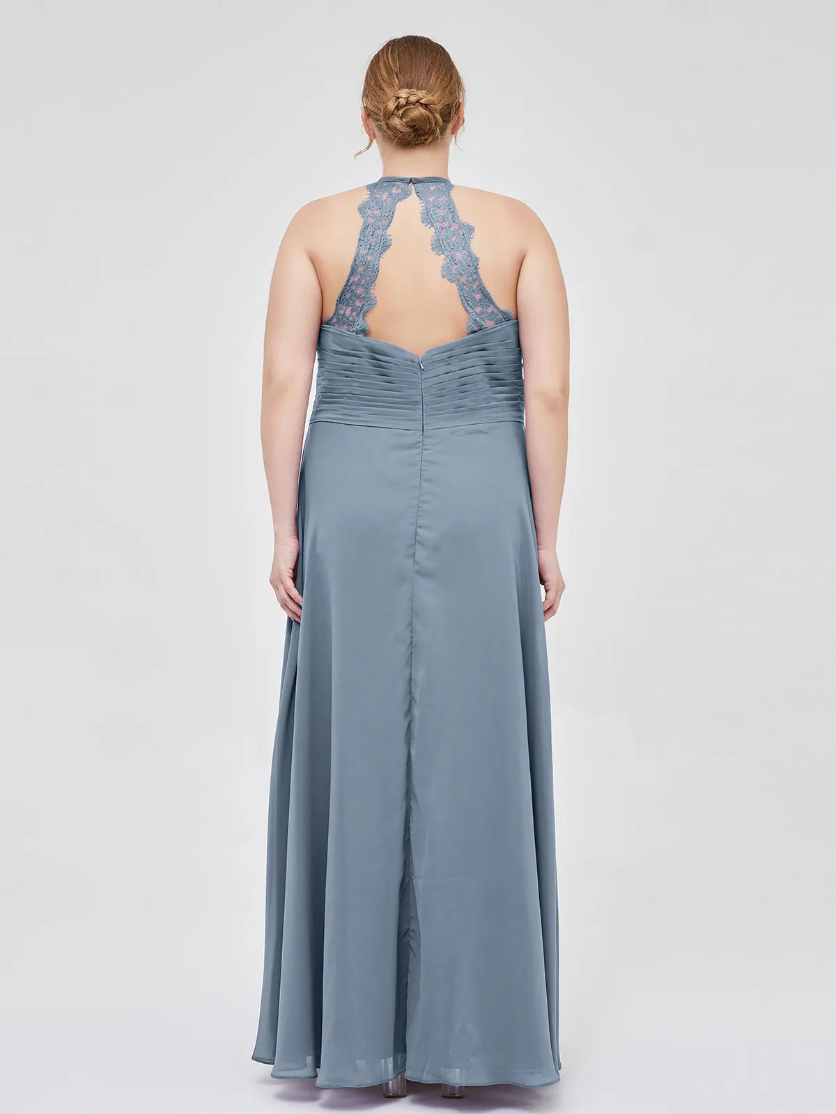 Halter Chiffon Long Gown With Lace Strap Dusty Blue