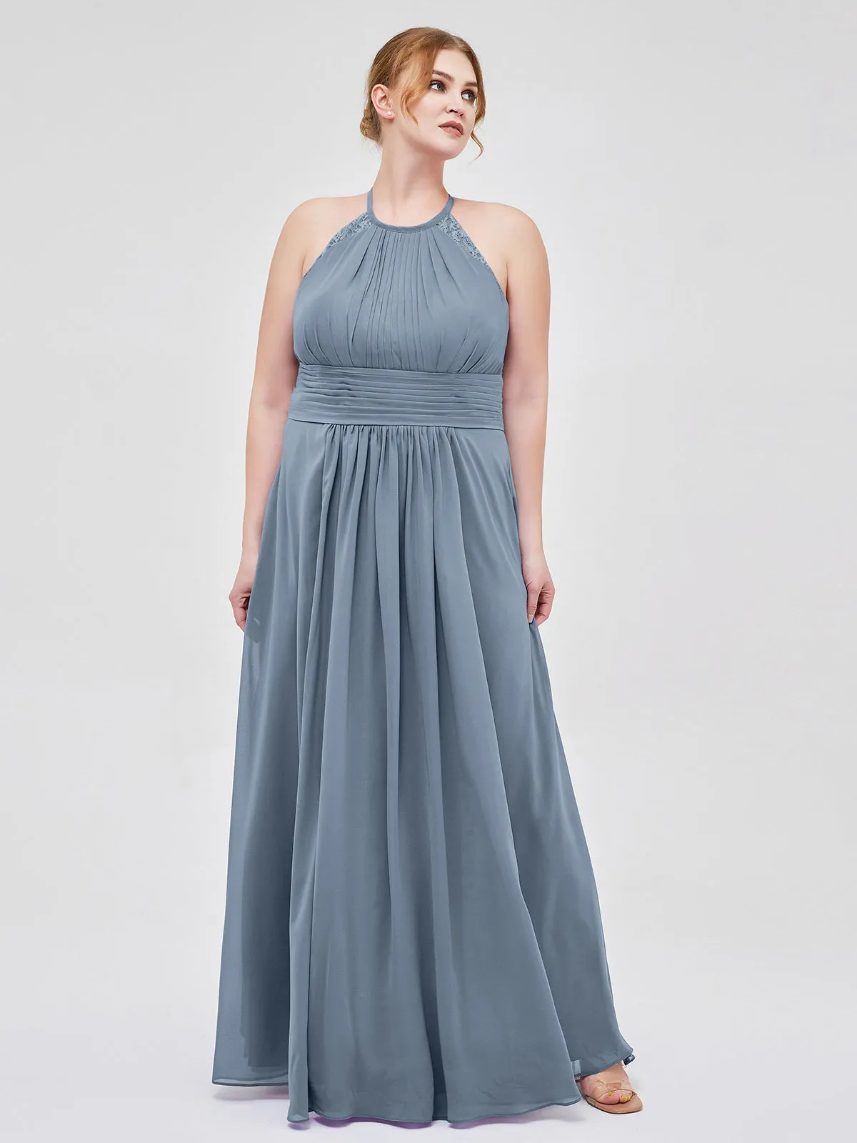Halter Chiffon Long Gown With Lace Strap Dusty Blue