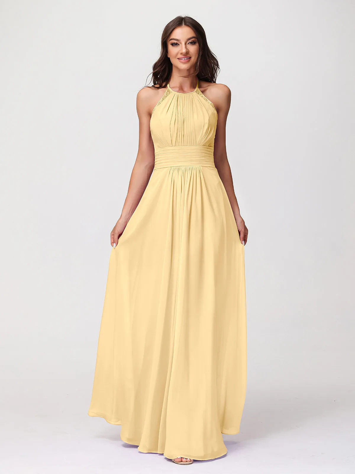 Halter Chiffon Long Gown With Lace Strap Gold