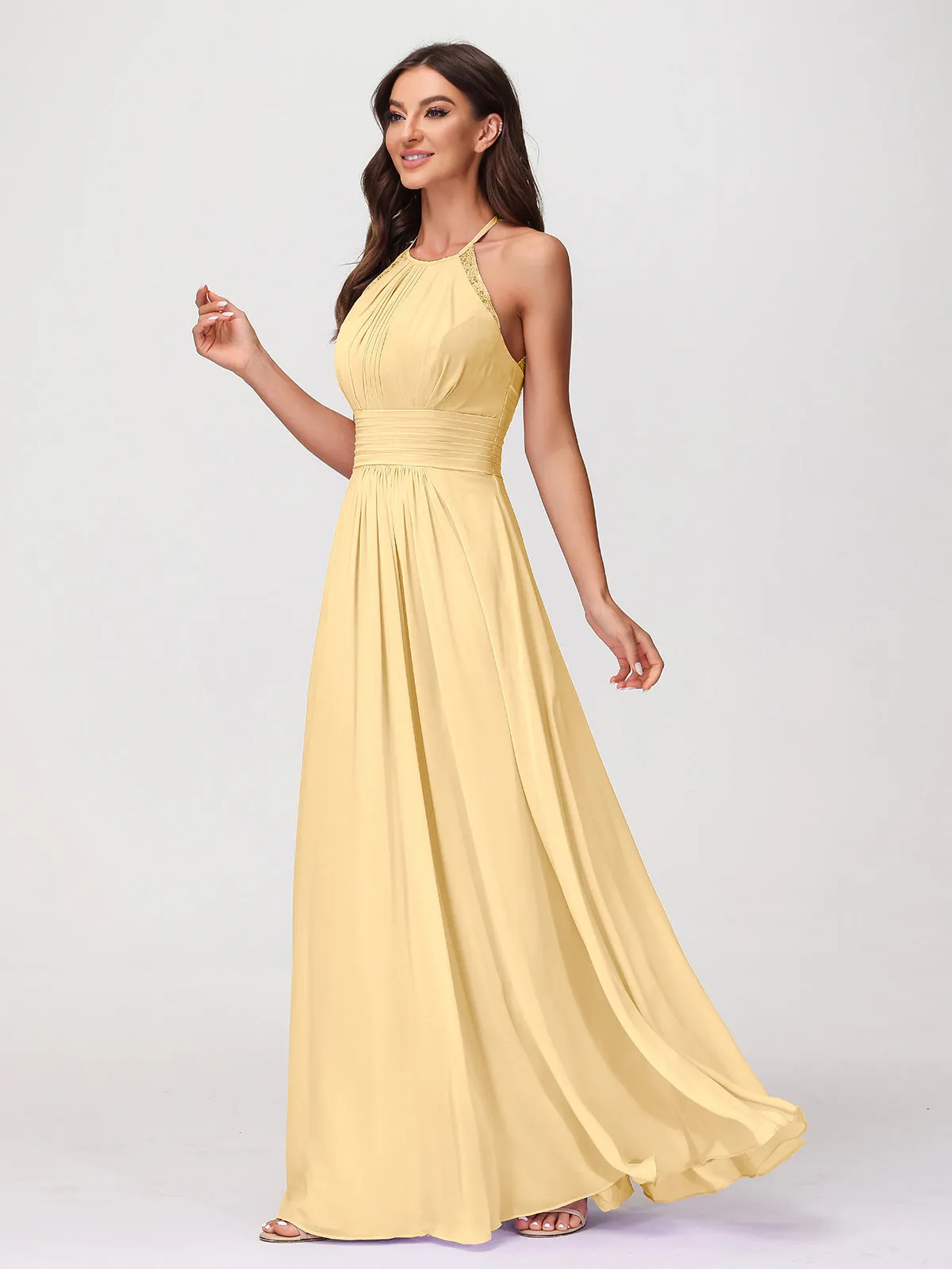Halter Chiffon Long Gown With Lace Strap Gold