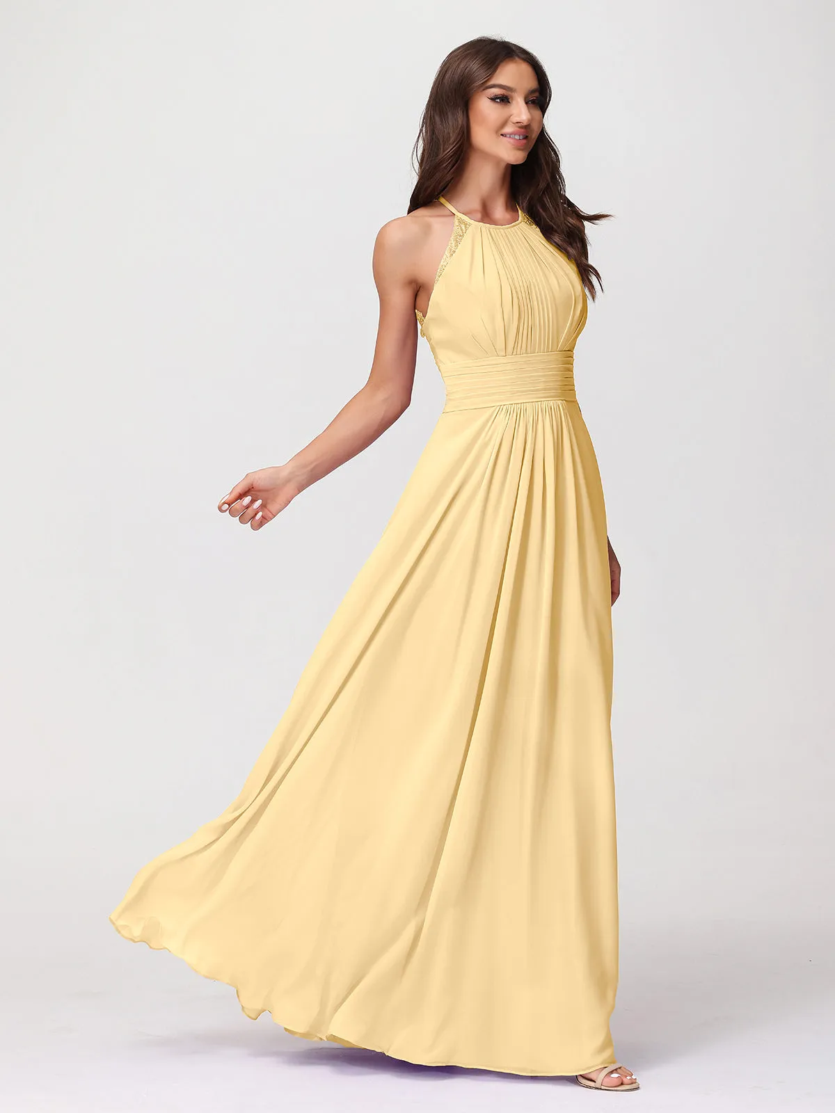 Halter Chiffon Long Gown With Lace Strap Gold