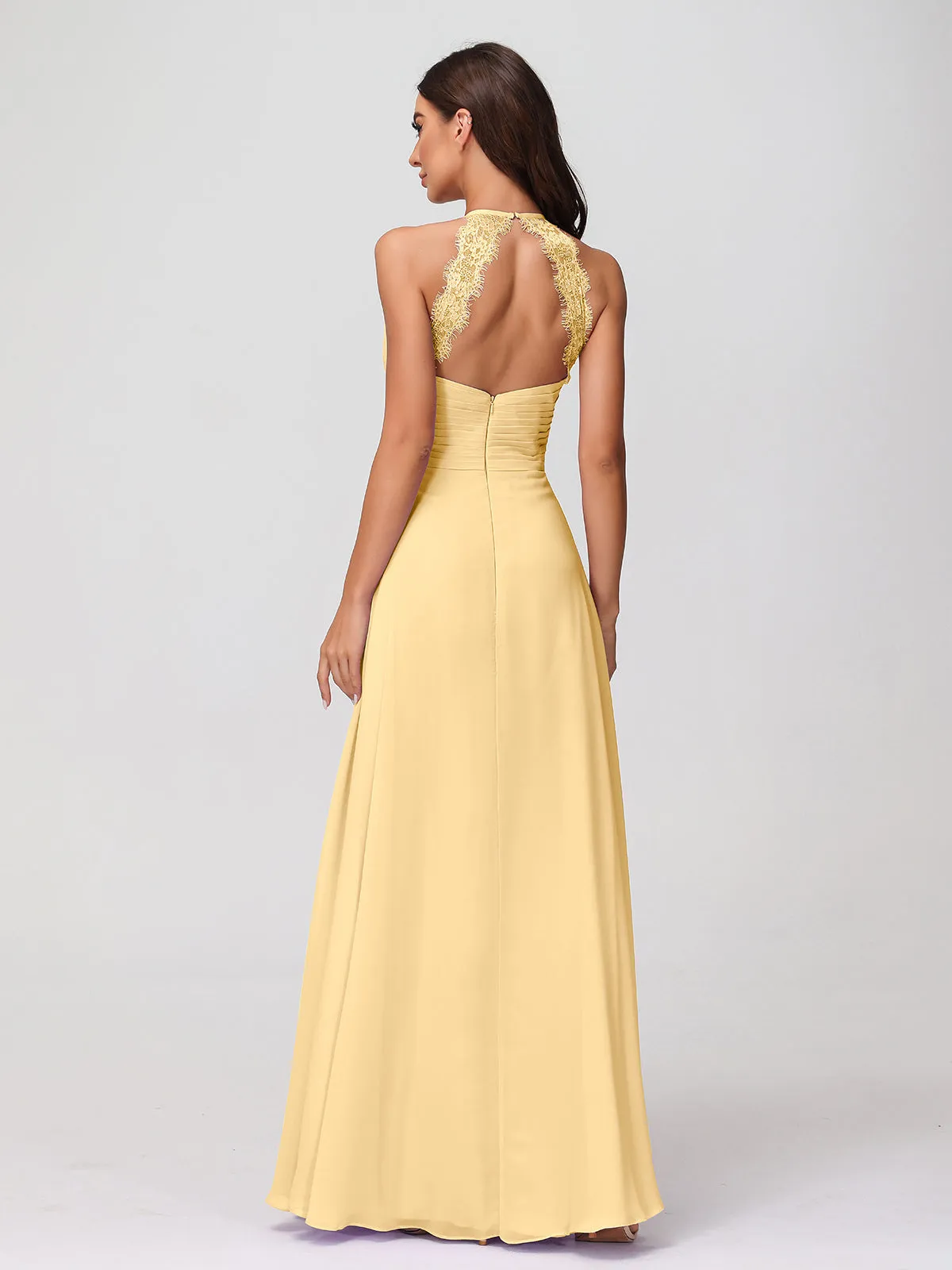 Halter Chiffon Long Gown With Lace Strap Gold