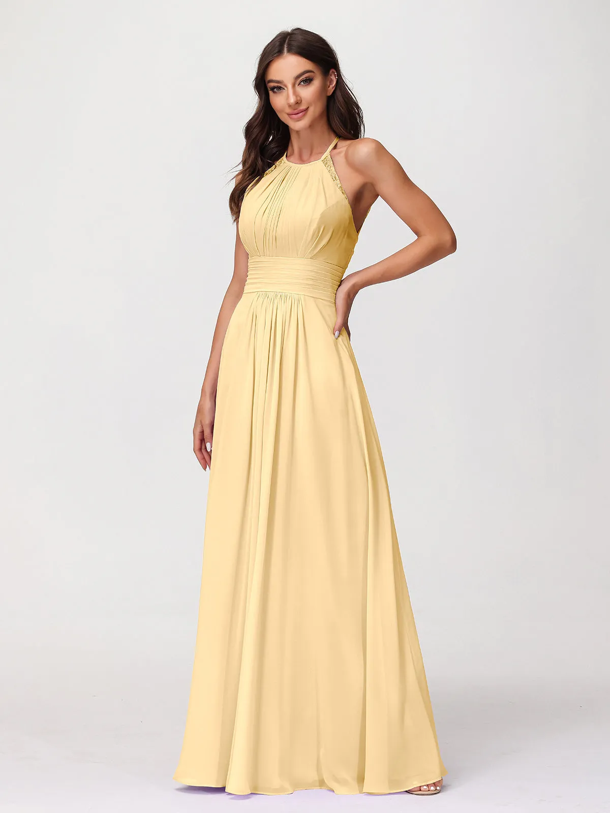 Halter Chiffon Long Gown With Lace Strap Gold