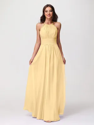 Halter Chiffon Long Gown With Lace Strap Gold