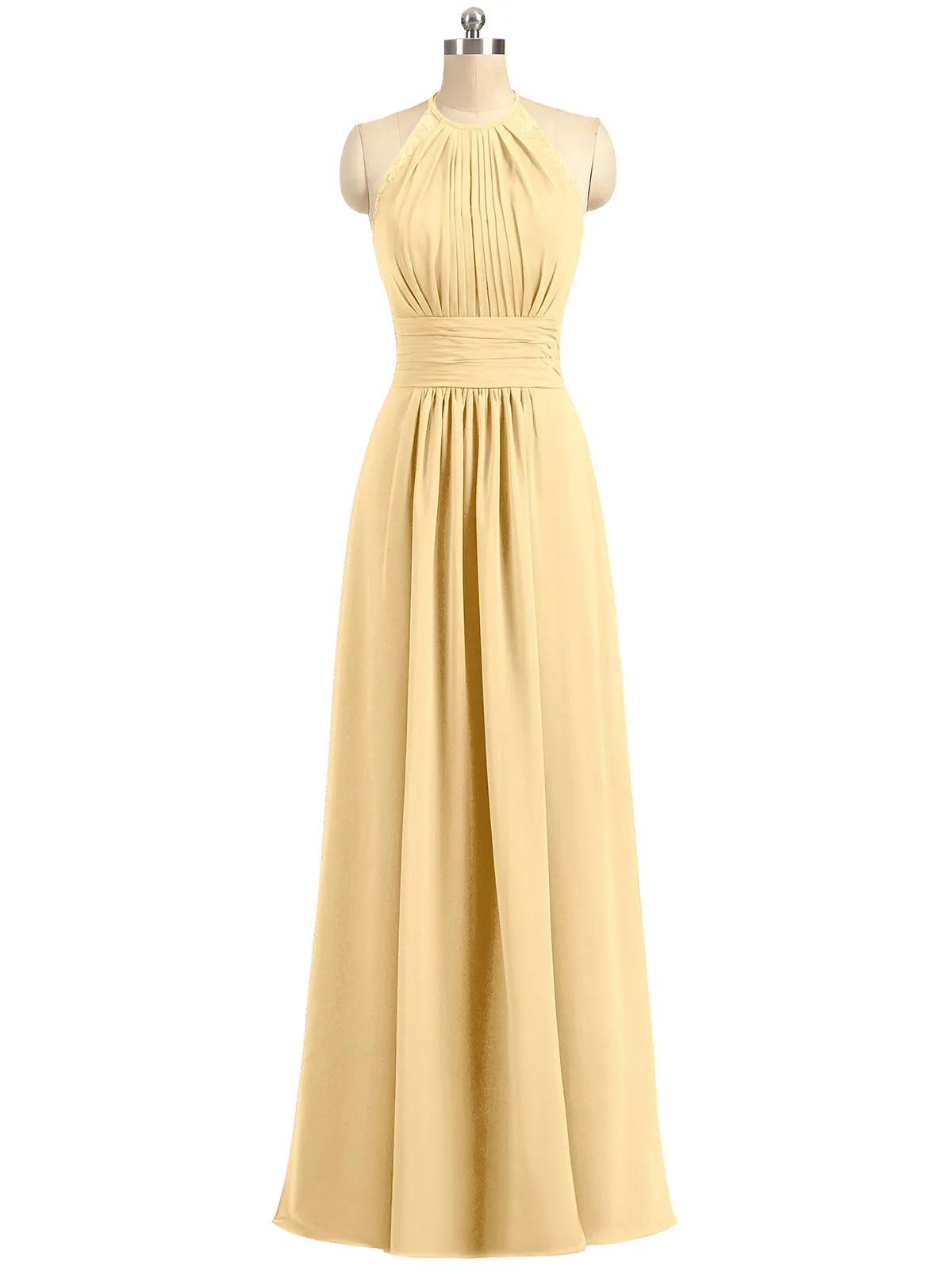 Halter Chiffon Long Gown With Lace Strap Gold