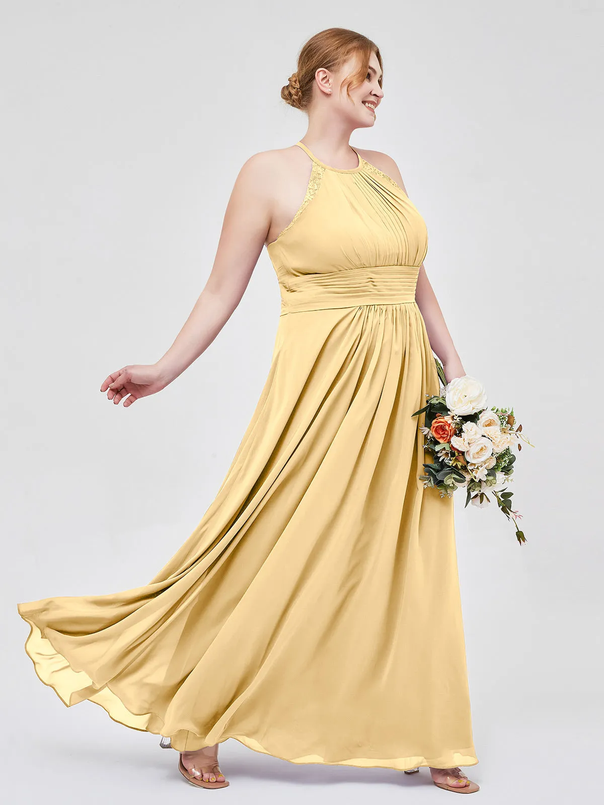 Halter Chiffon Long Gown With Lace Strap Gold