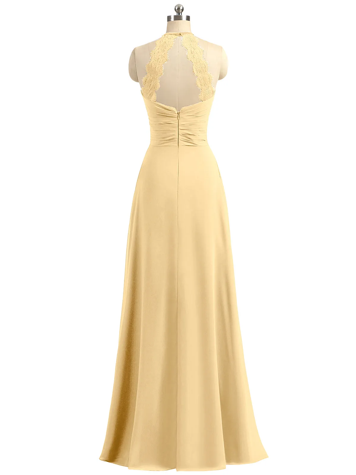 Halter Chiffon Long Gown With Lace Strap Gold