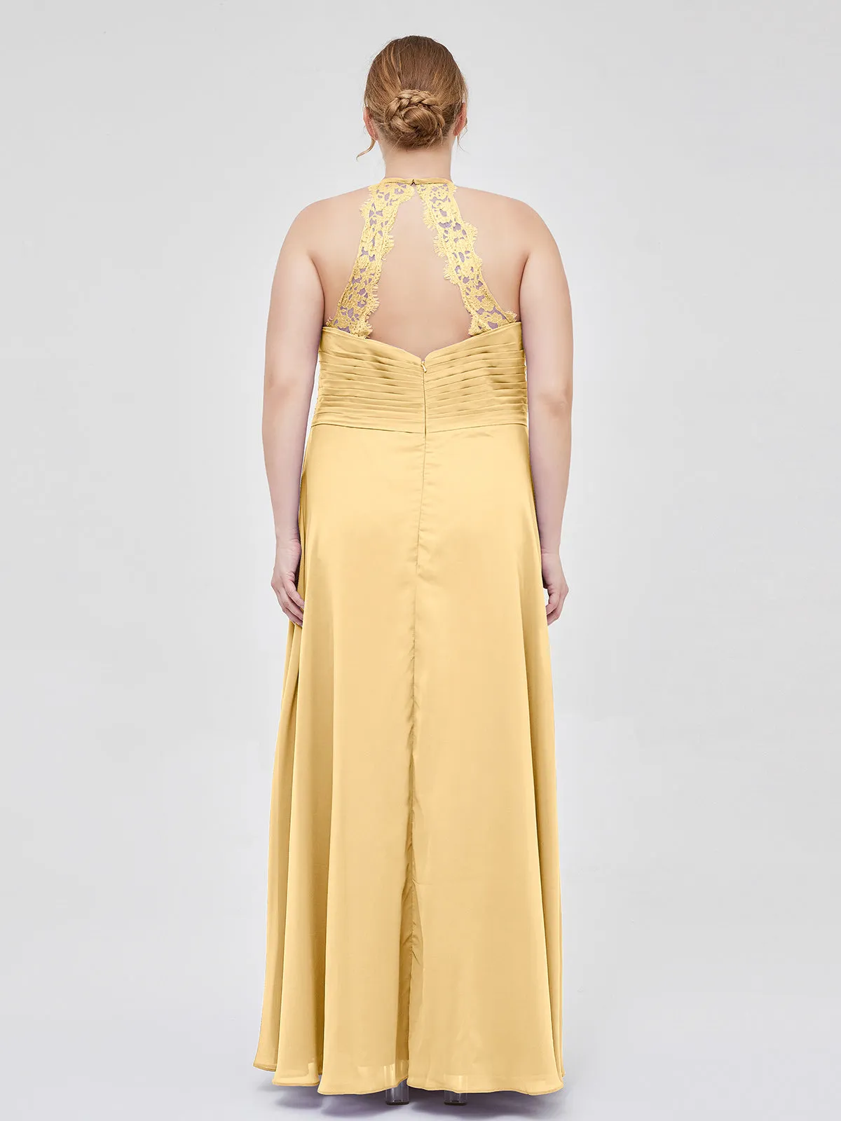 Halter Chiffon Long Gown With Lace Strap Gold