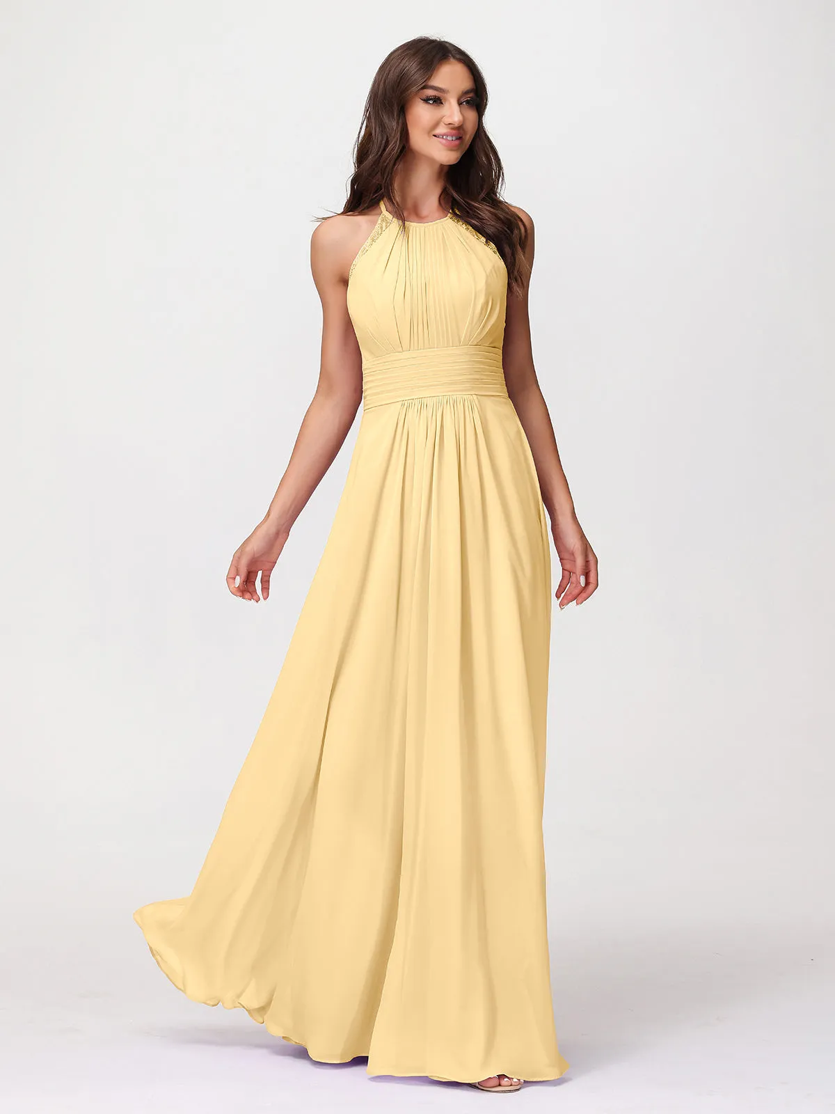 Halter Chiffon Long Gown With Lace Strap Gold