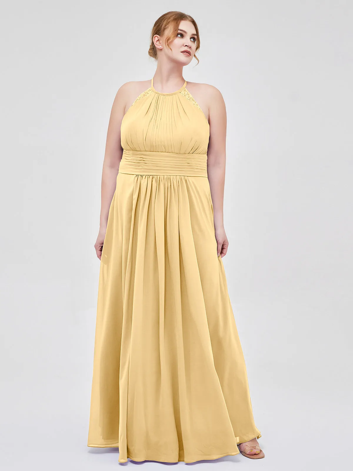 Halter Chiffon Long Gown With Lace Strap Gold