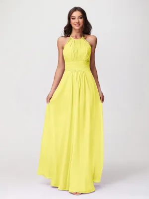 Halter Chiffon Long Gown With Lace Strap Lemon