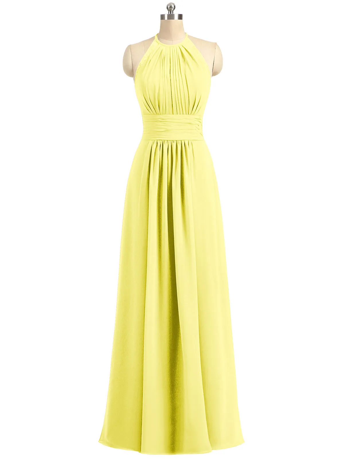 Halter Chiffon Long Gown With Lace Strap Lemon