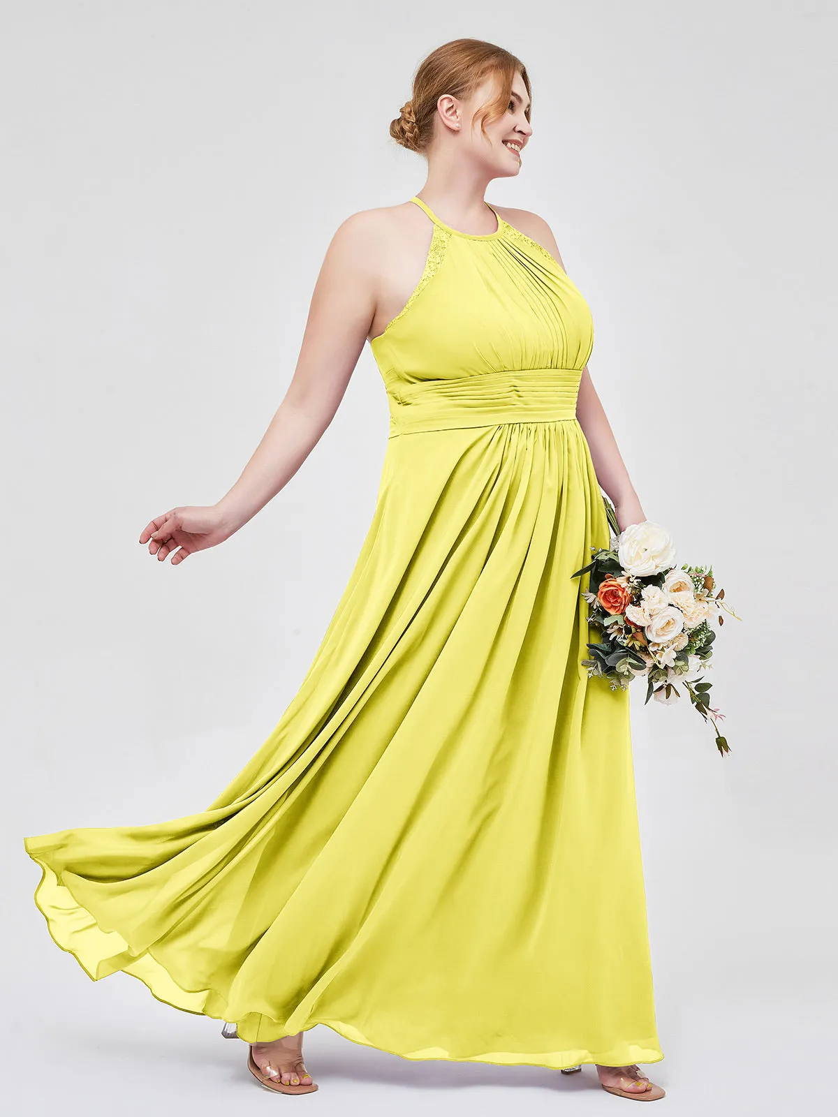 Halter Chiffon Long Gown With Lace Strap Lemon