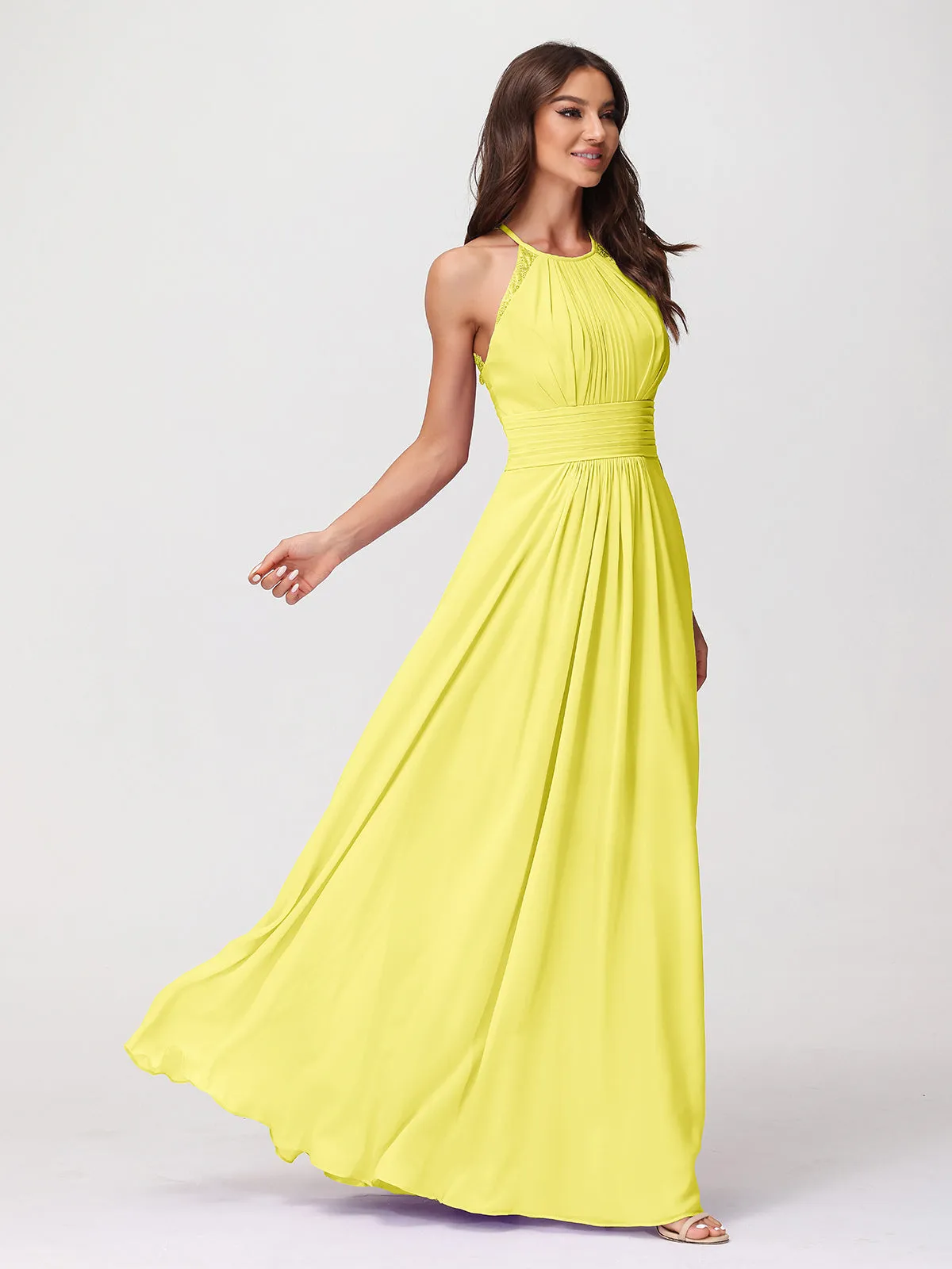 Halter Chiffon Long Gown With Lace Strap Lemon