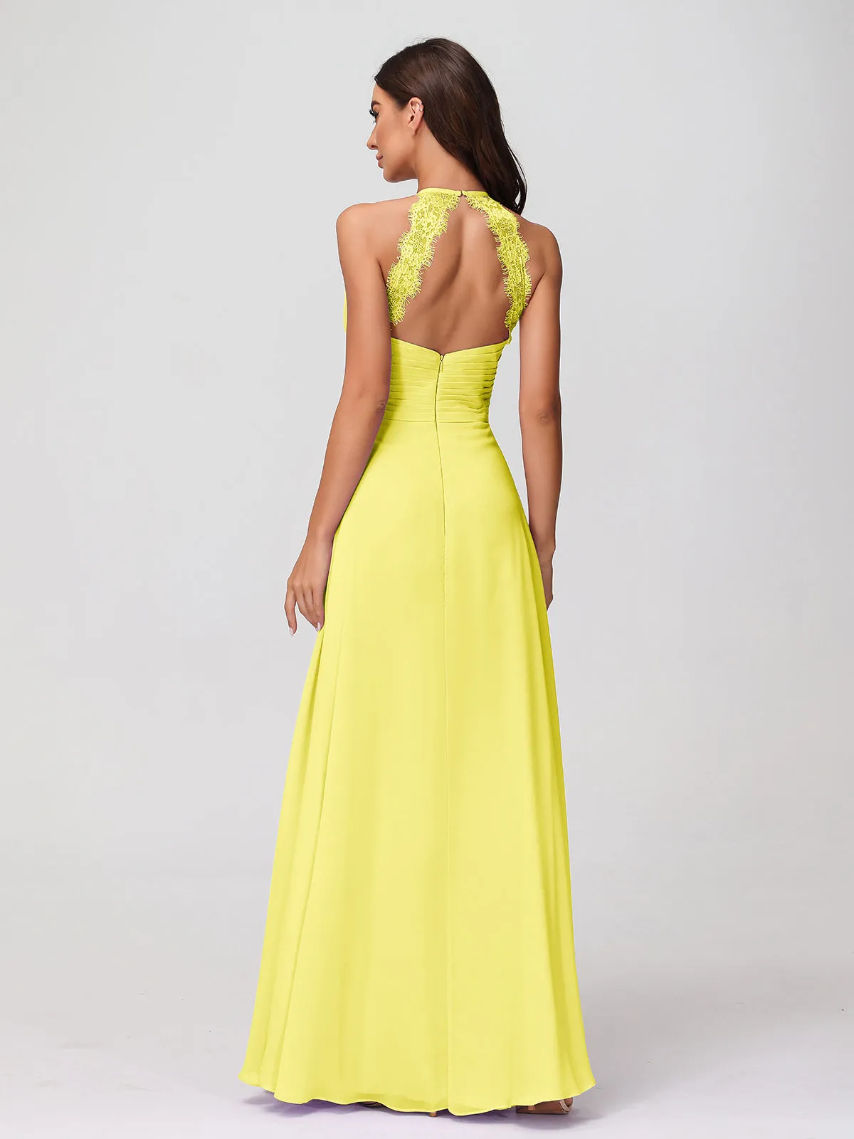 Halter Chiffon Long Gown With Lace Strap Lemon