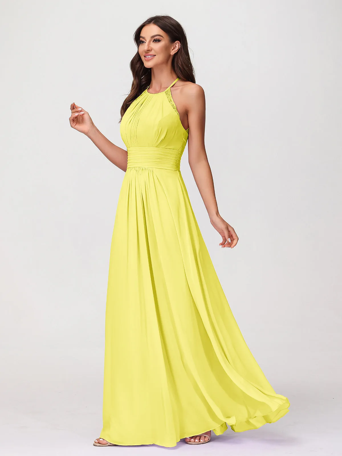 Halter Chiffon Long Gown With Lace Strap Lemon