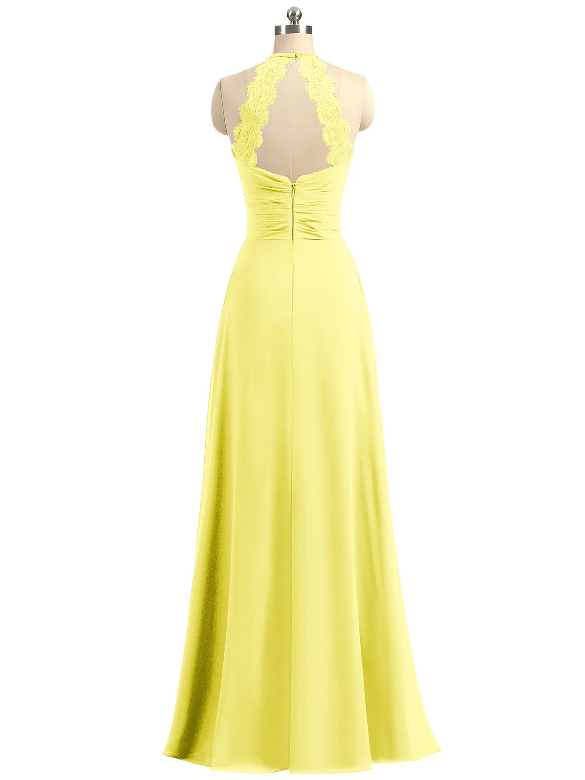 Halter Chiffon Long Gown With Lace Strap Lemon
