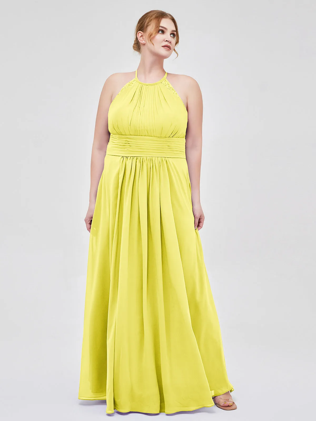 Halter Chiffon Long Gown With Lace Strap Lemon