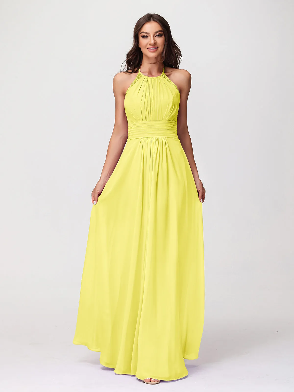 Halter Chiffon Long Gown With Lace Strap Lemon