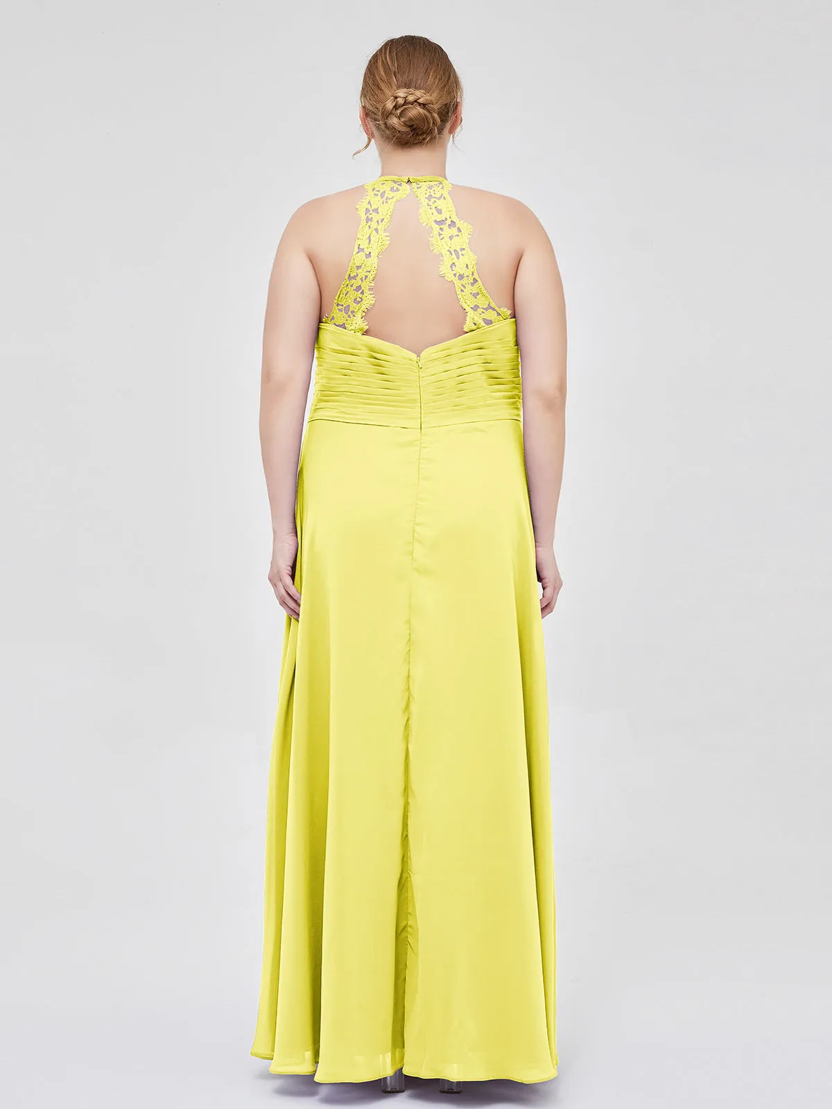 Halter Chiffon Long Gown With Lace Strap Lemon