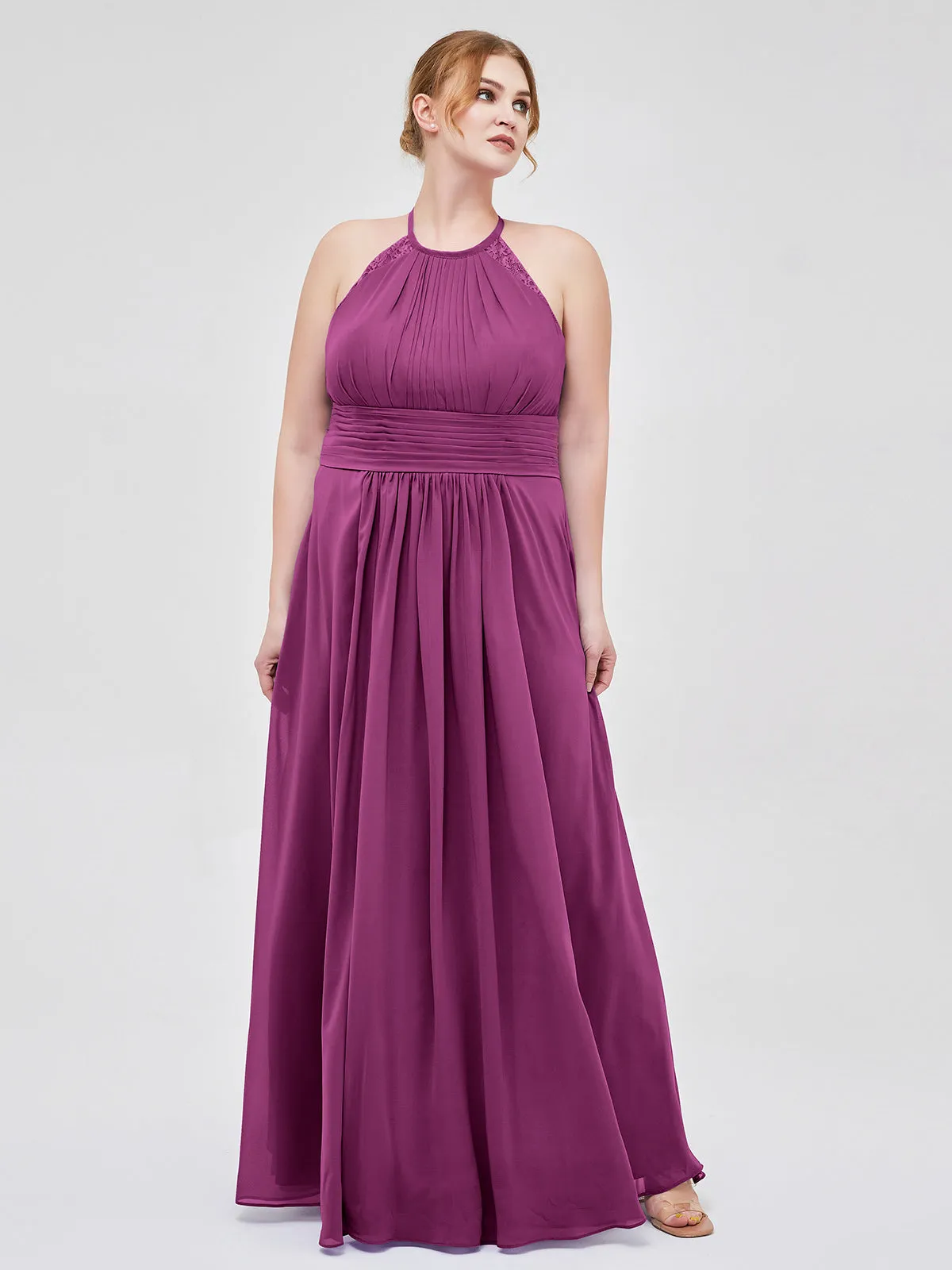 Halter Chiffon Long Gown With Lace Strap Orchid
