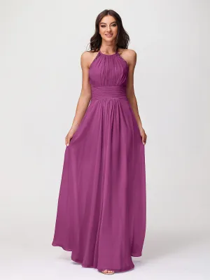 Halter Chiffon Long Gown With Lace Strap Orchid