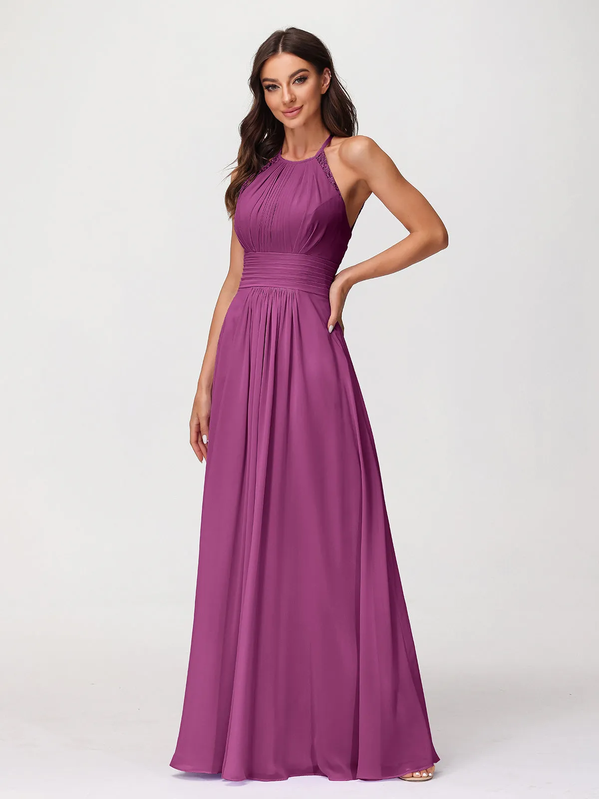 Halter Chiffon Long Gown With Lace Strap Orchid
