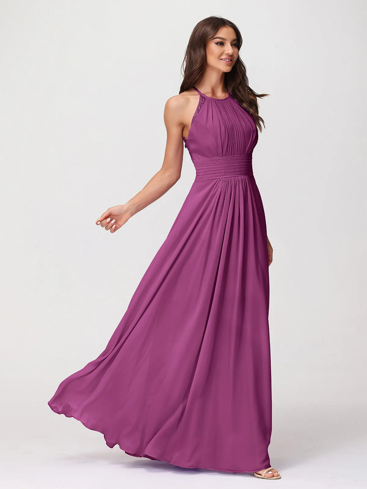 Halter Chiffon Long Gown With Lace Strap Orchid