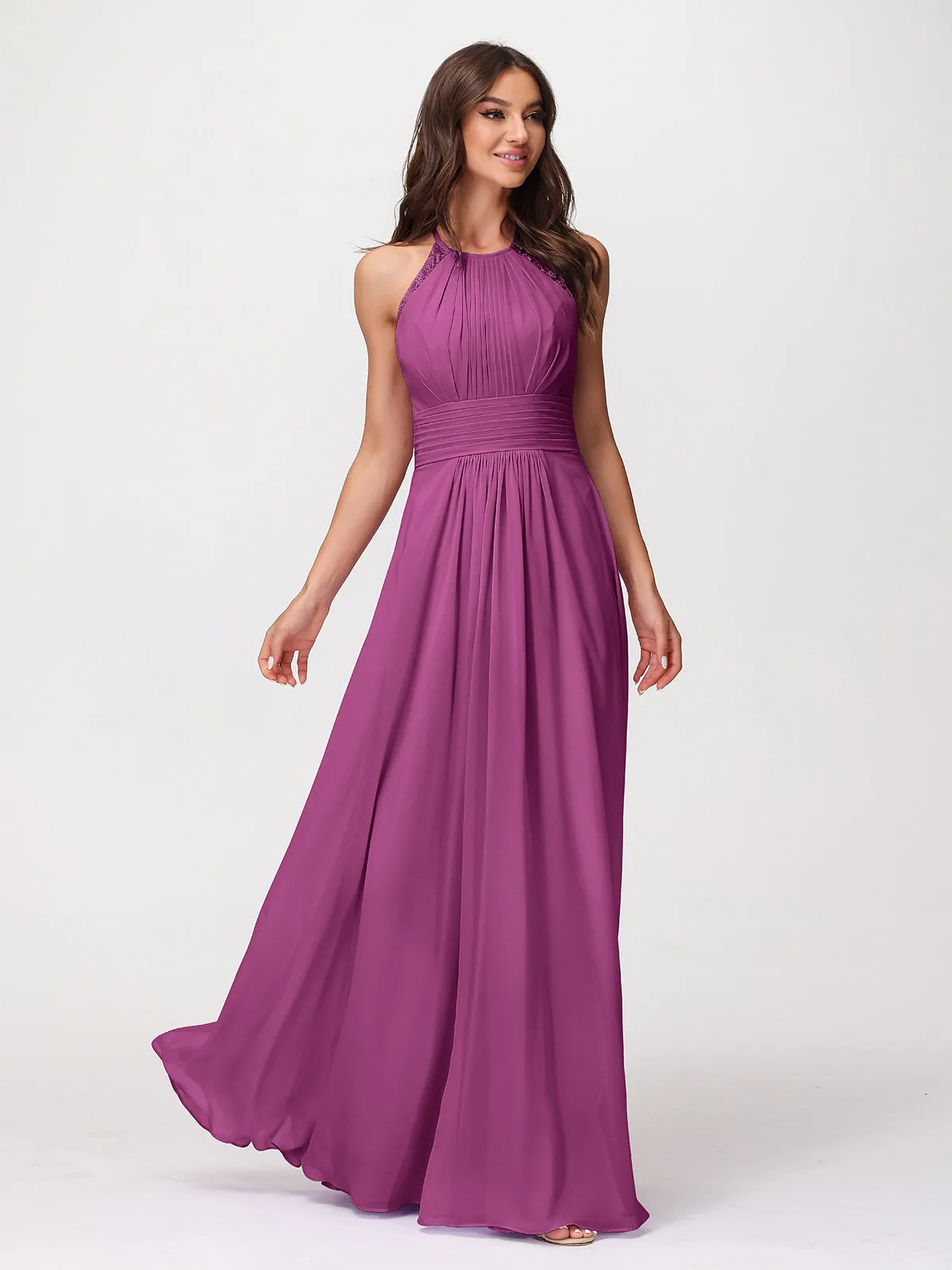Halter Chiffon Long Gown With Lace Strap Orchid