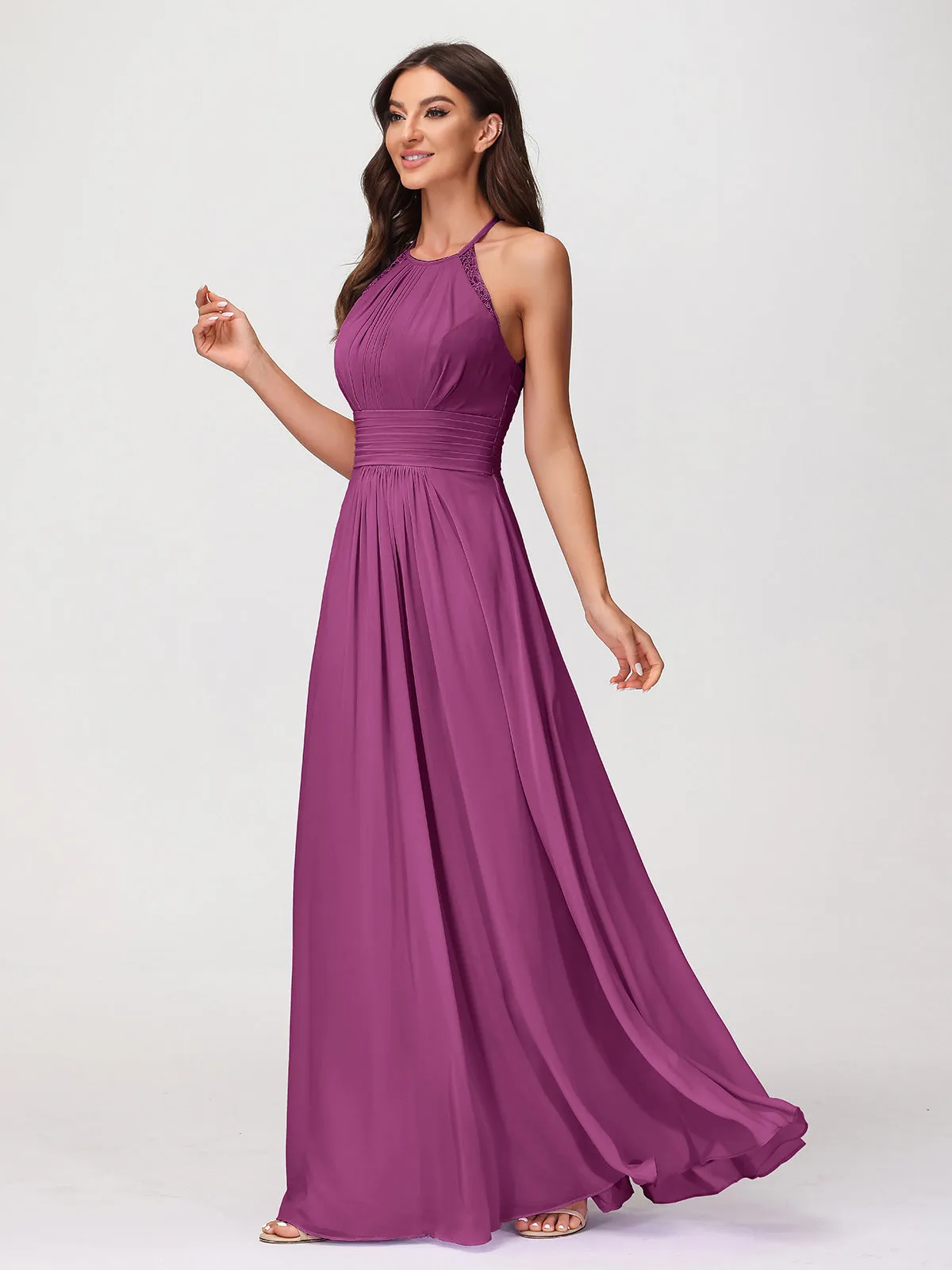Halter Chiffon Long Gown With Lace Strap Orchid