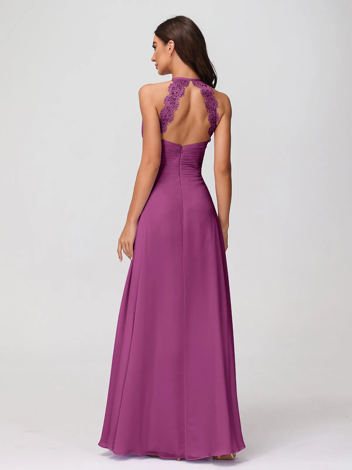 Halter Chiffon Long Gown With Lace Strap Orchid