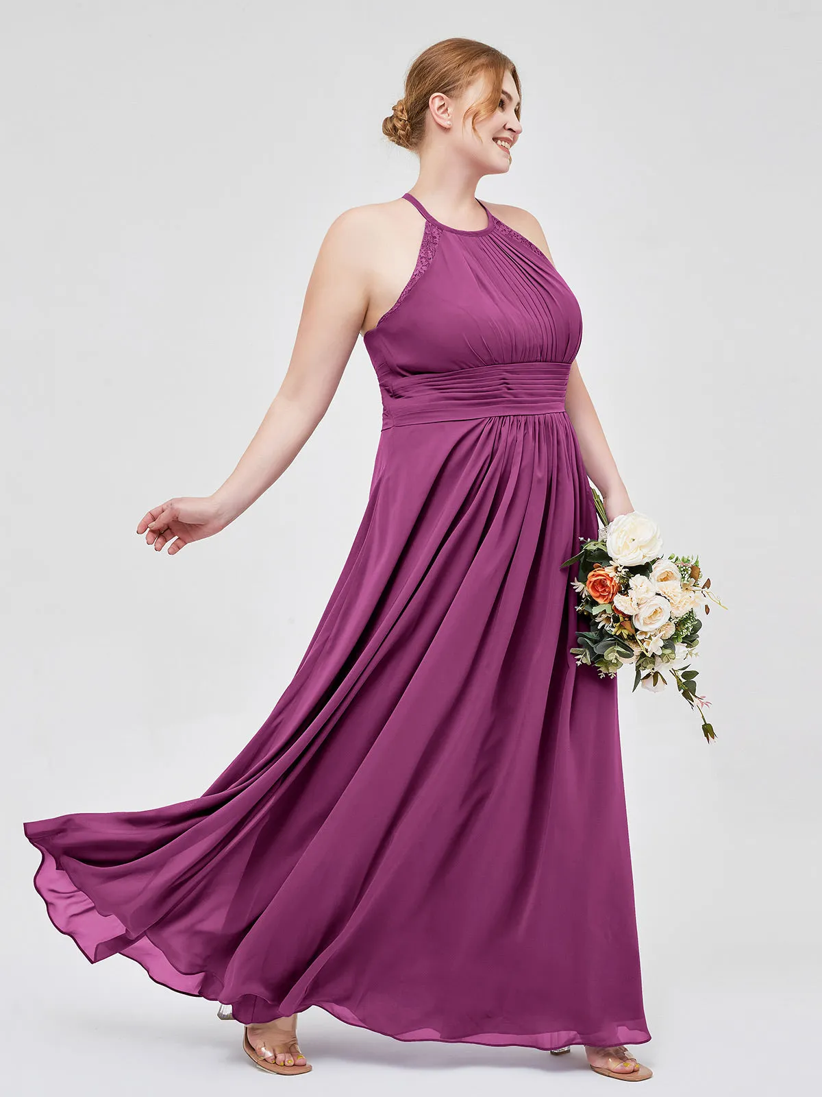 Halter Chiffon Long Gown With Lace Strap Orchid