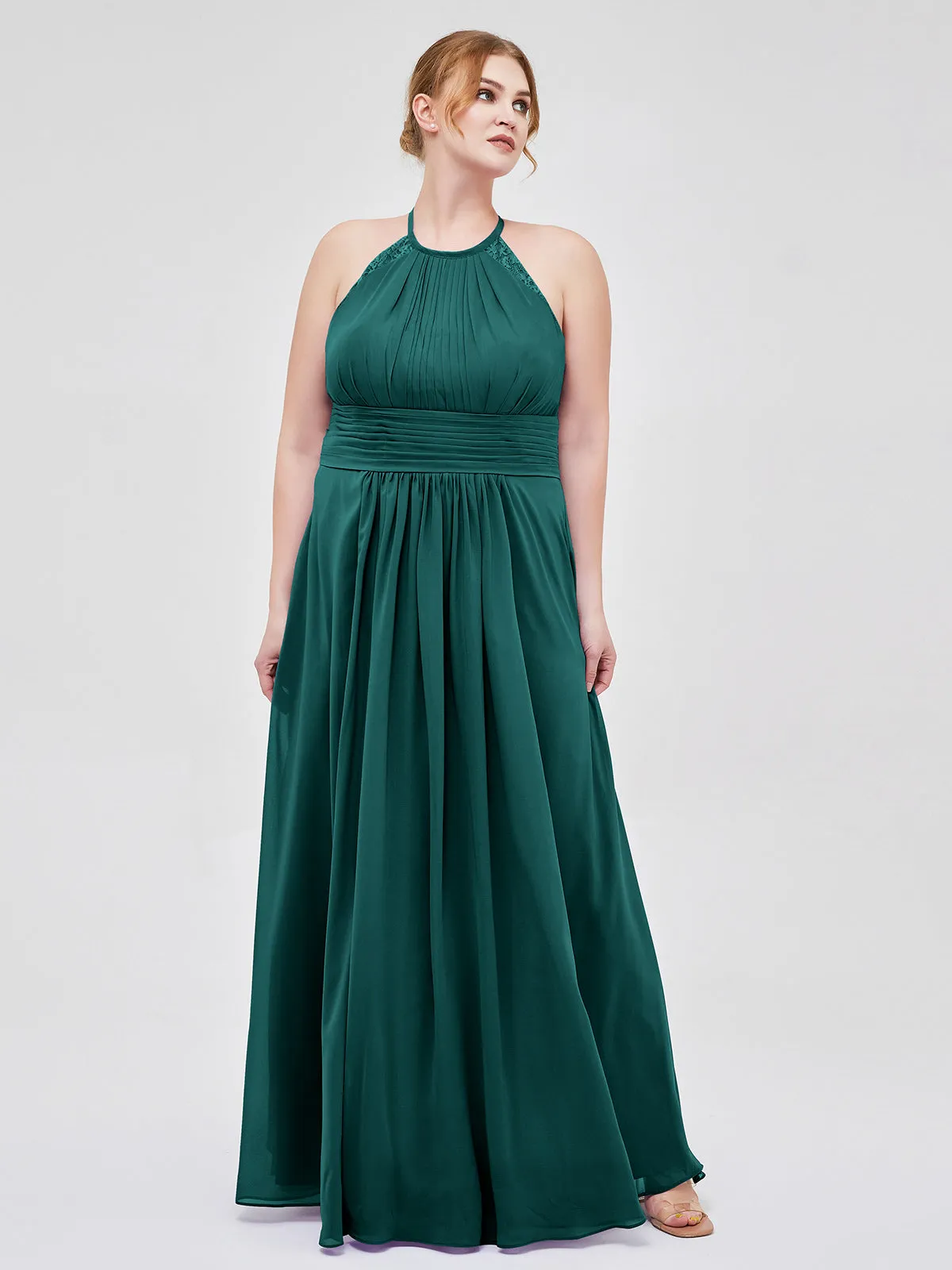 Halter Chiffon Long Gown With Lace Strap Peacock