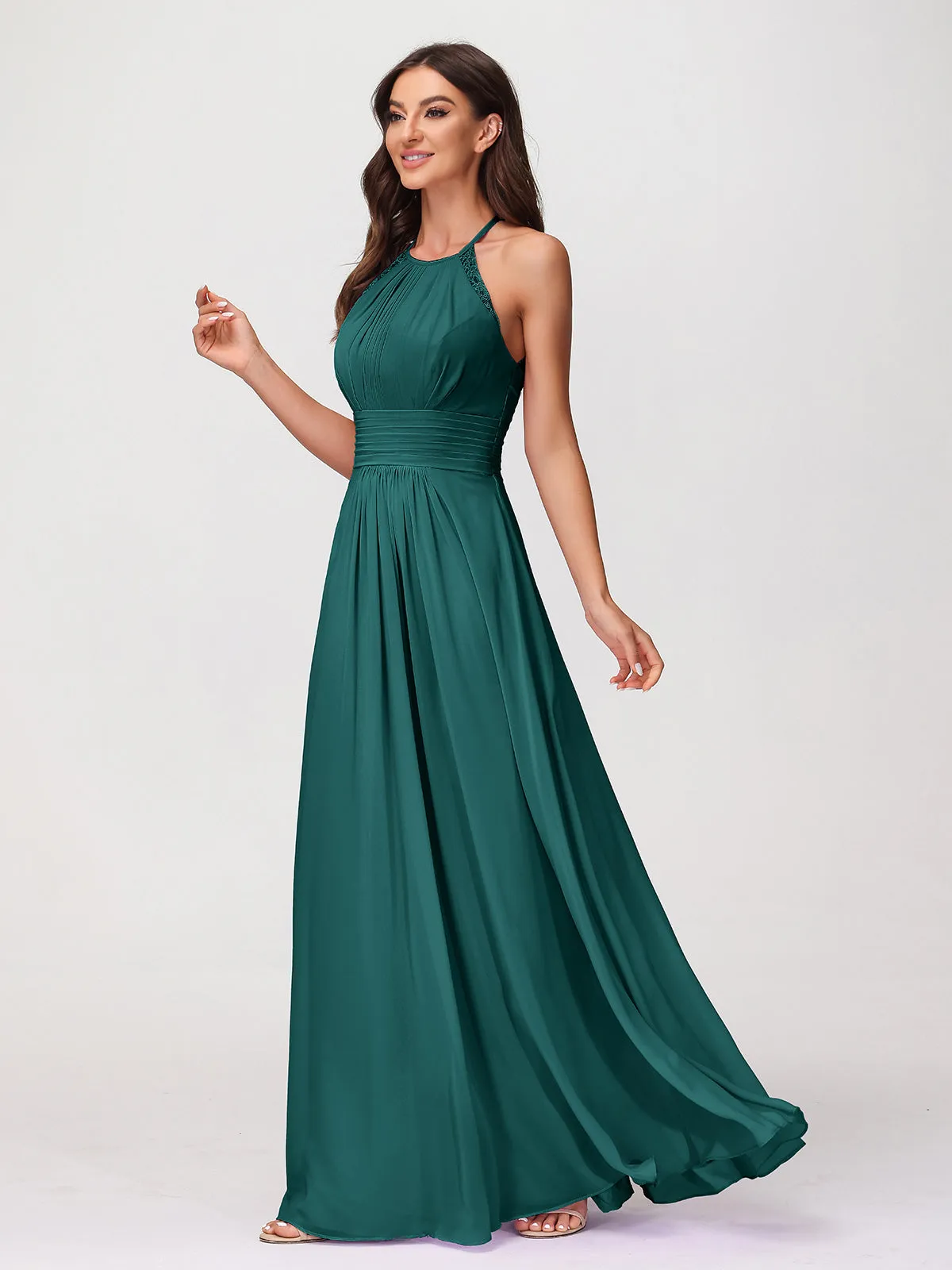 Halter Chiffon Long Gown With Lace Strap Peacock