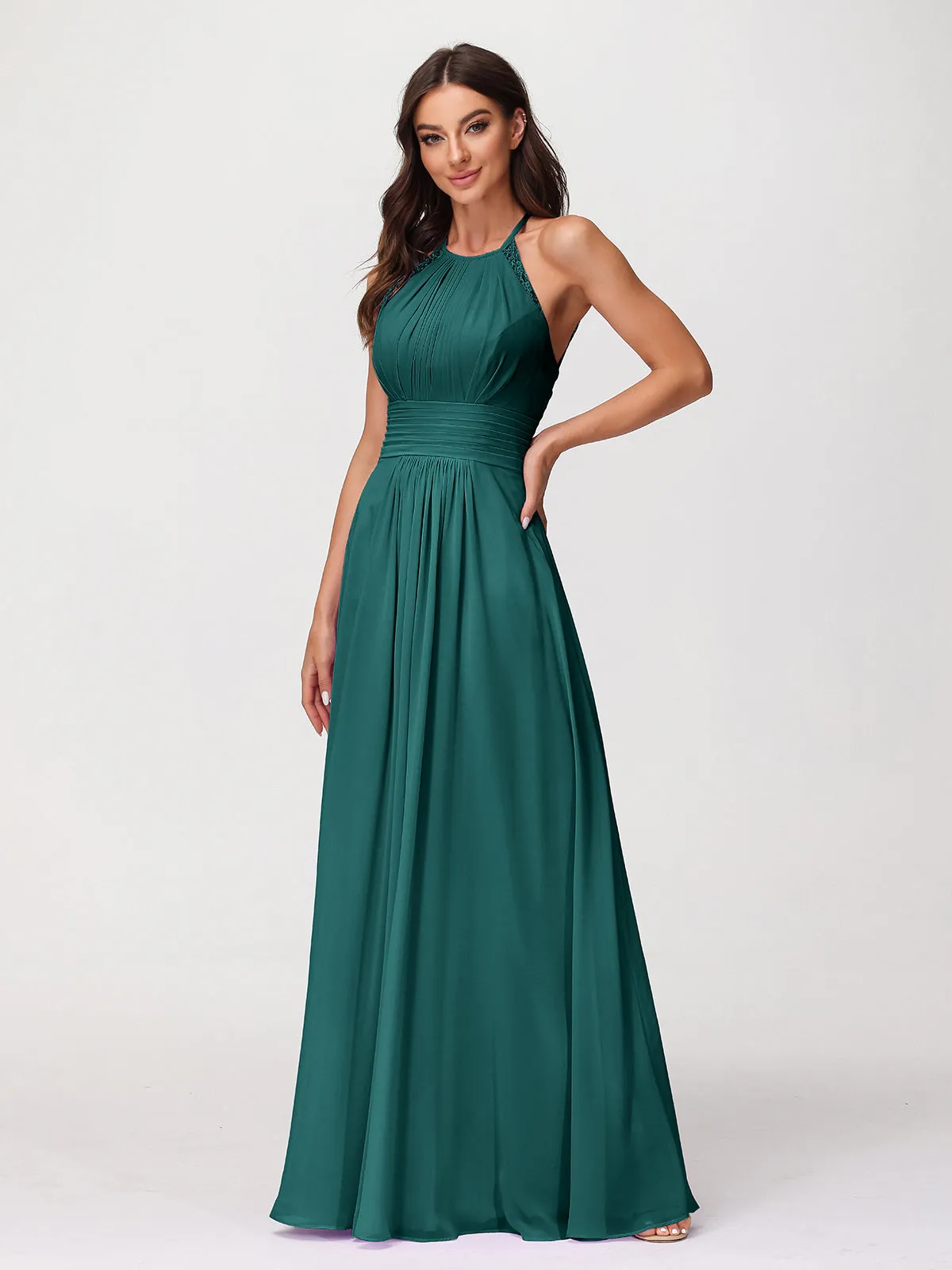 Halter Chiffon Long Gown With Lace Strap Peacock